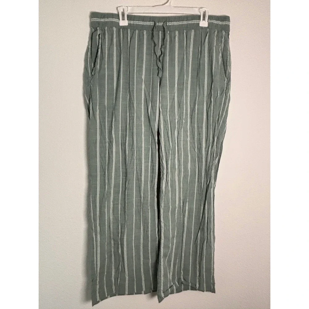 Auden Womens XL Sage Green White Striped Pajama Pants Wide Leg Sleepwear Pockets